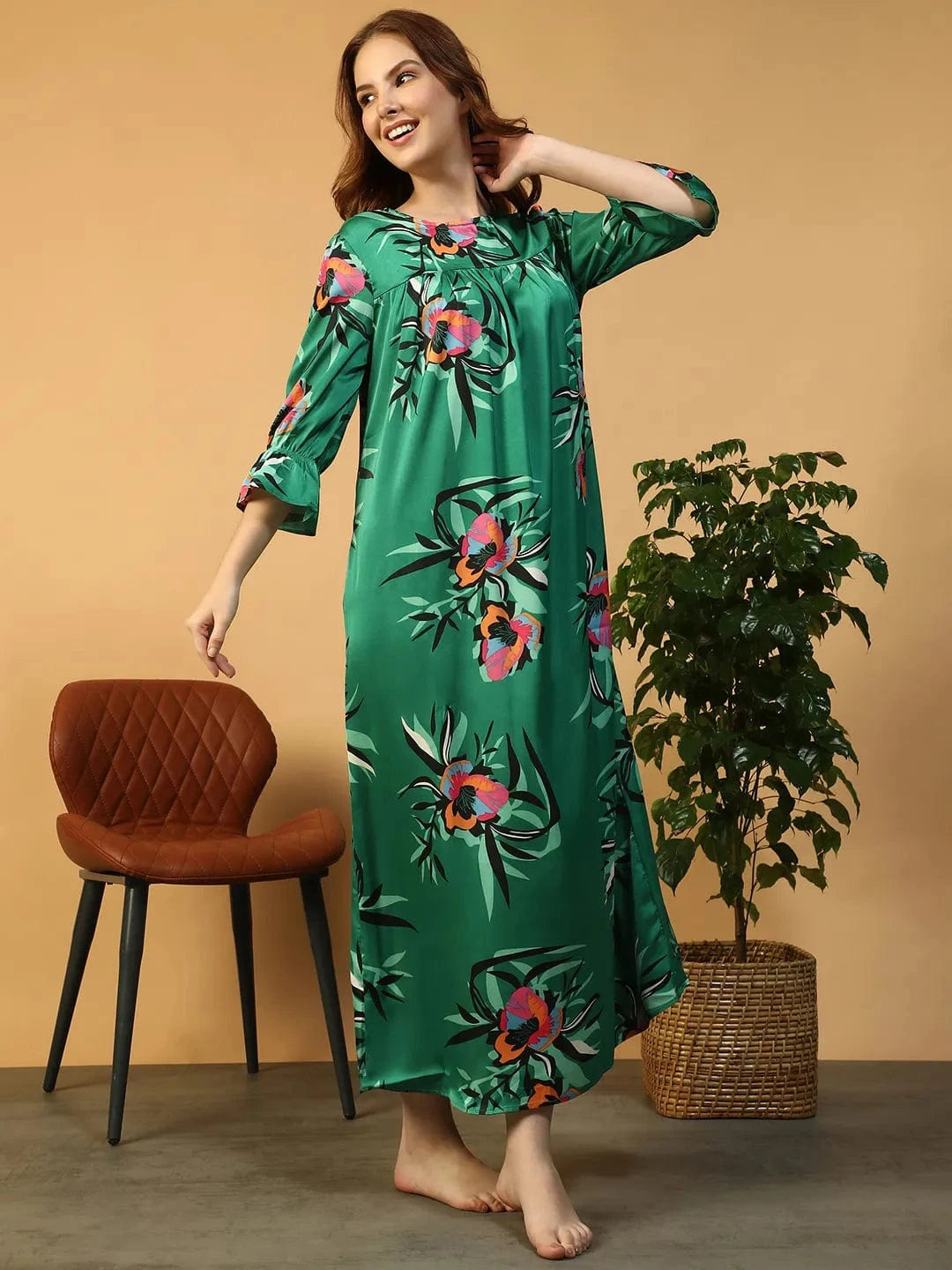 Green Floral Print Nightwear Dress