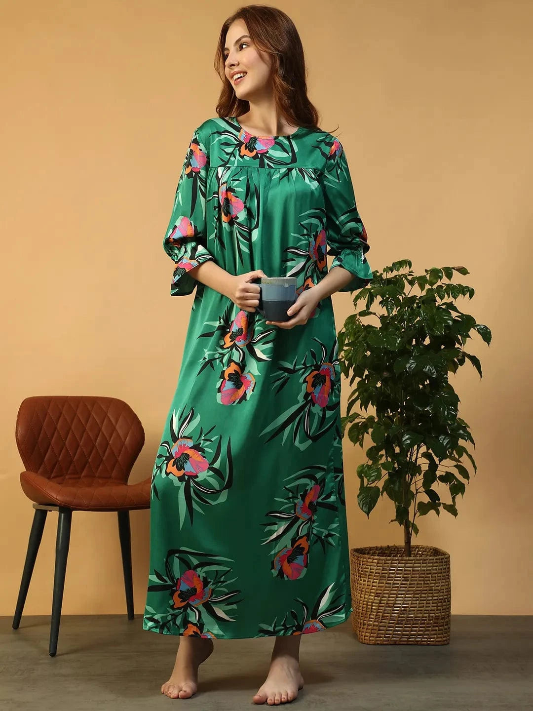 Green Floral Print Nightwear Dress