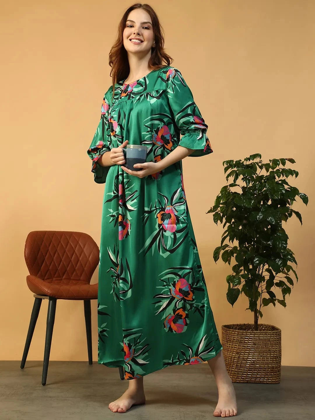 Green Floral Print Nightwear Dress