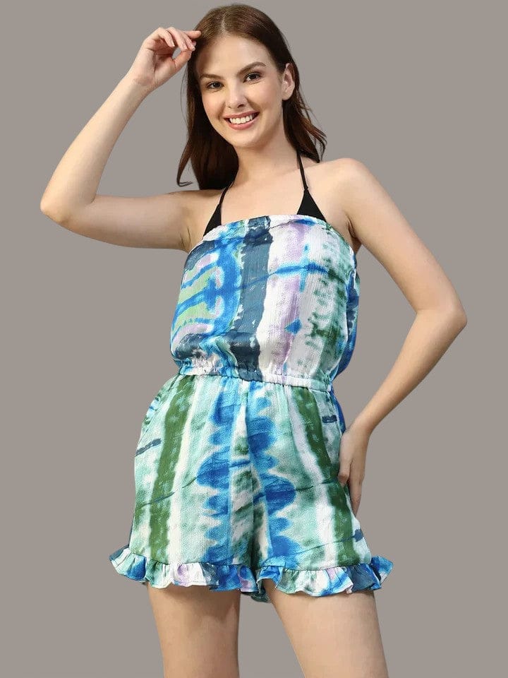 Blue Tie-Dye Print Beachwear Playsuit