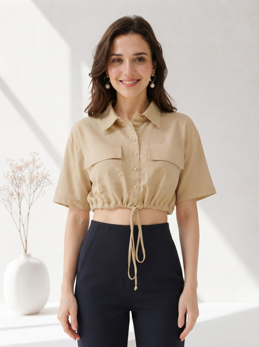 Beige Cotton Linen Crop Shirt