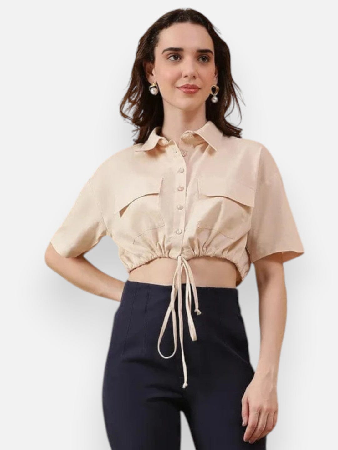 Beige Cotton Linen Crop Shirt