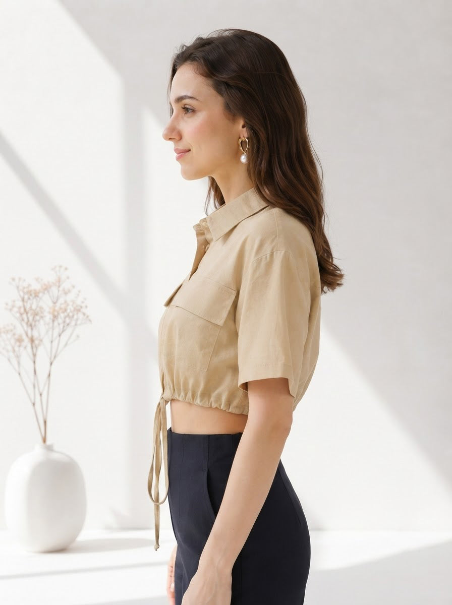 Beige Cotton Linen Crop Shirt