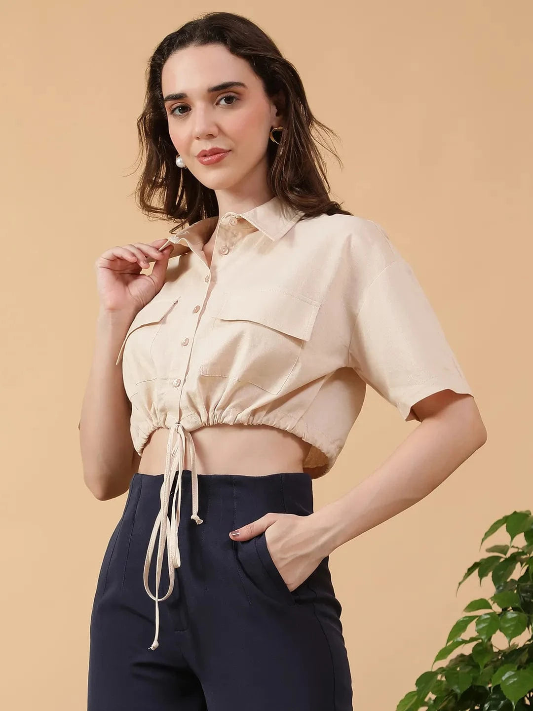 Beige Cotton Linen Crop Shirt