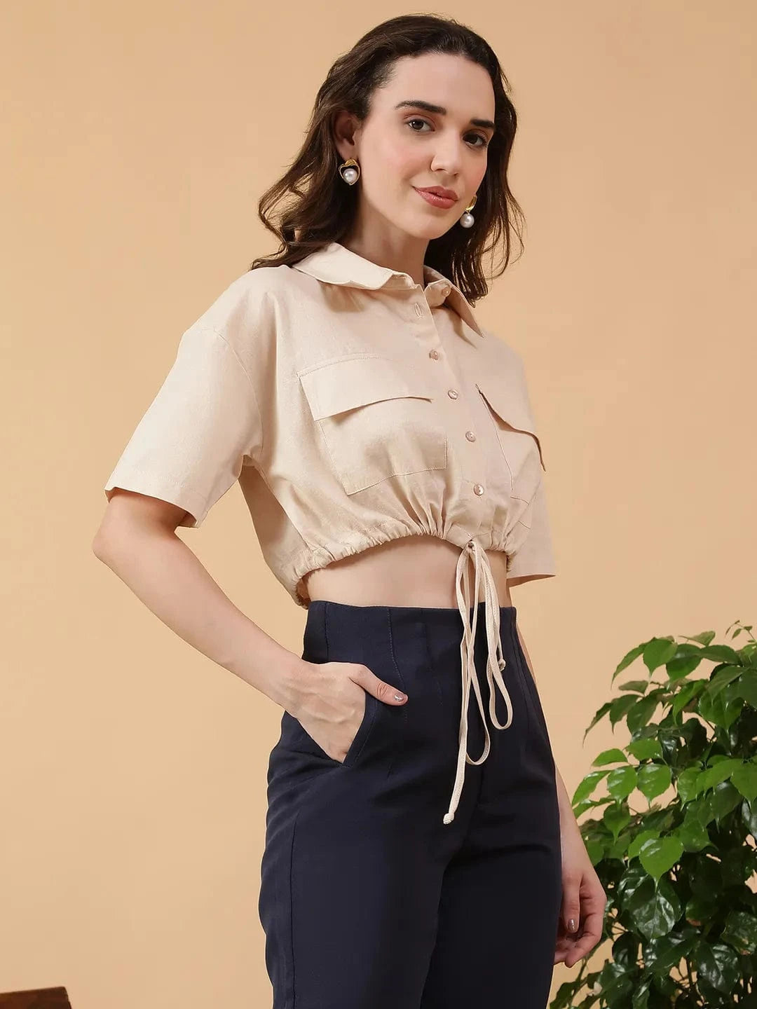 Beige Cotton Linen Crop Shirt