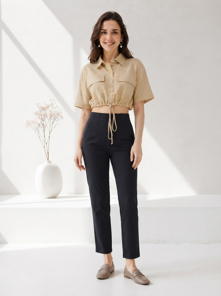 Beige Cotton Linen Crop Shirt
