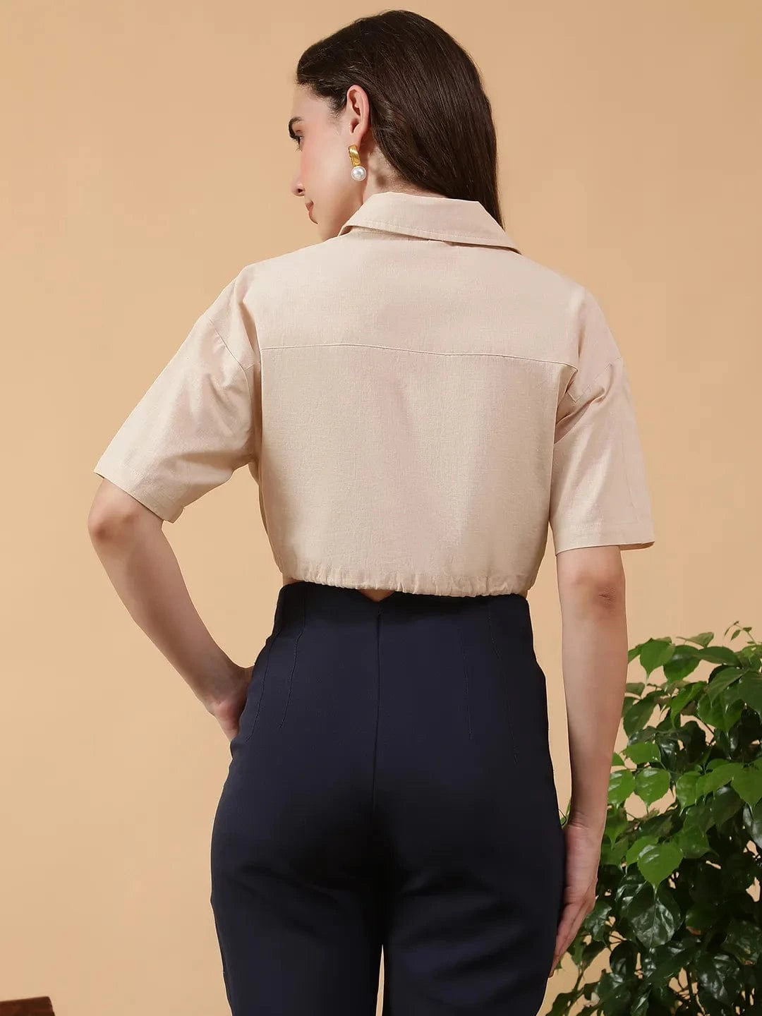 Beige Cotton Linen Crop Shirt
