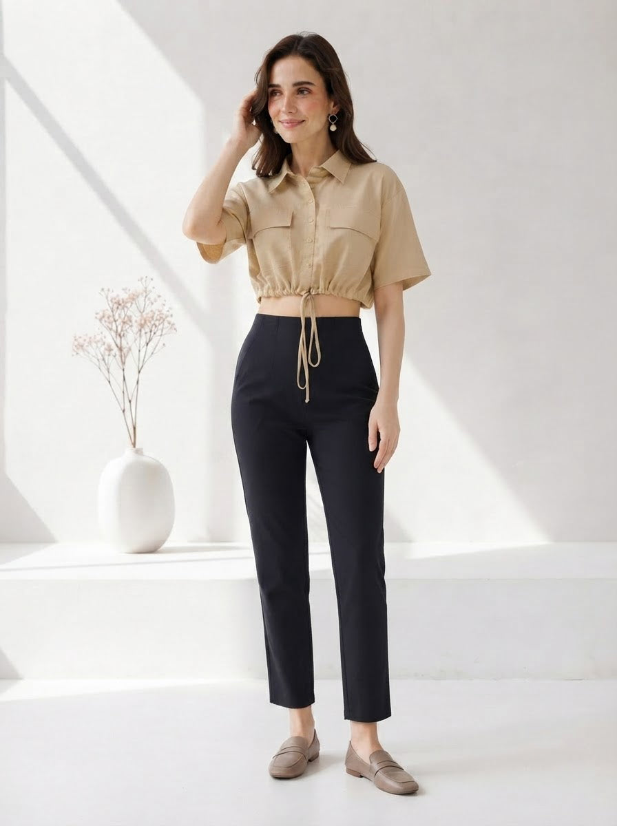 Beige Cotton Linen Crop Shirt