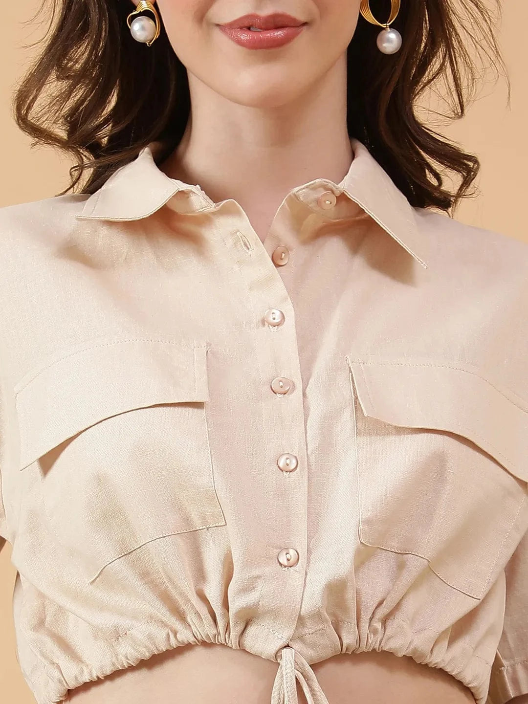 Beige Cotton Linen Crop Shirt