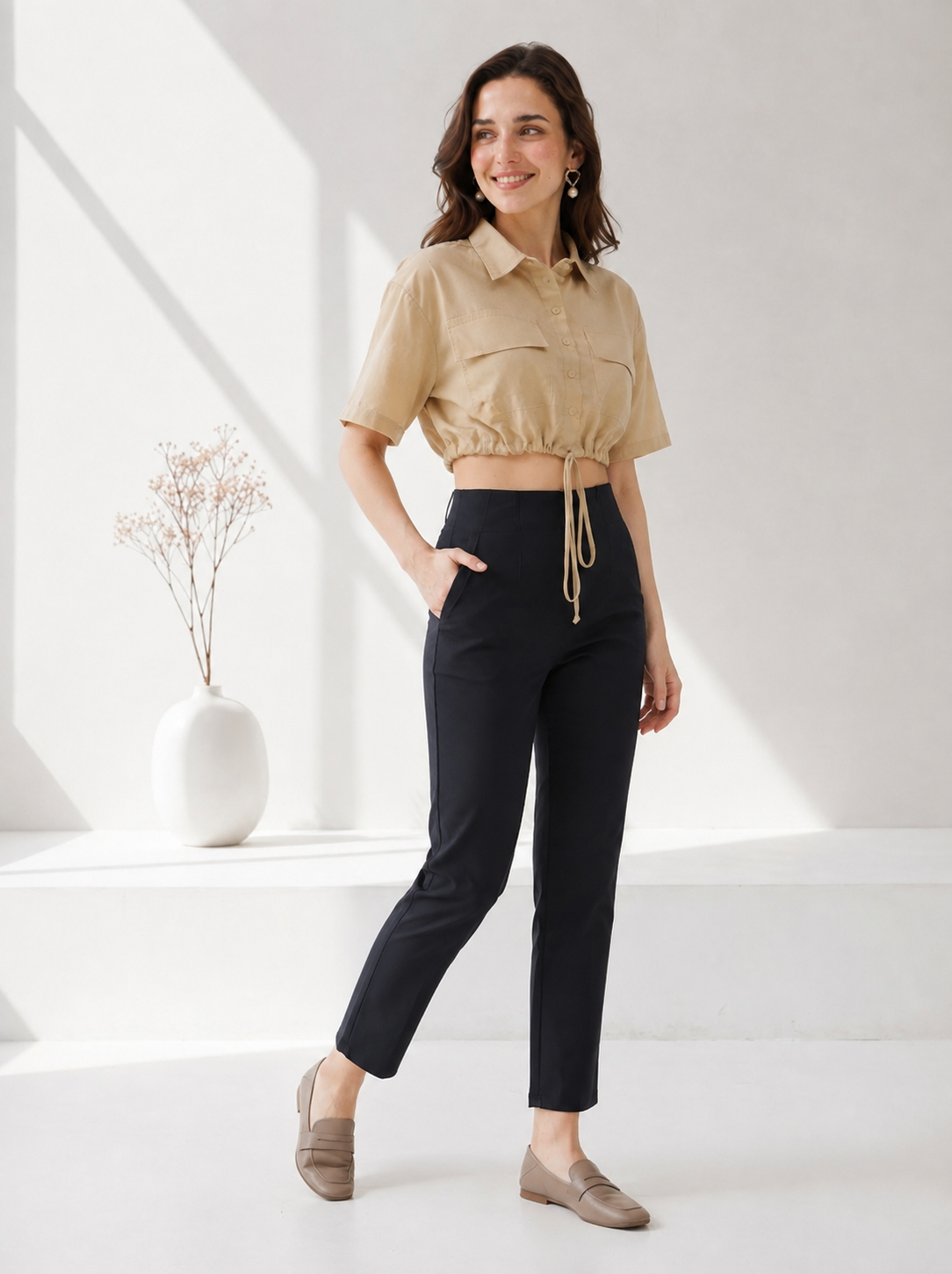 Beige Cotton Linen Crop Shirt