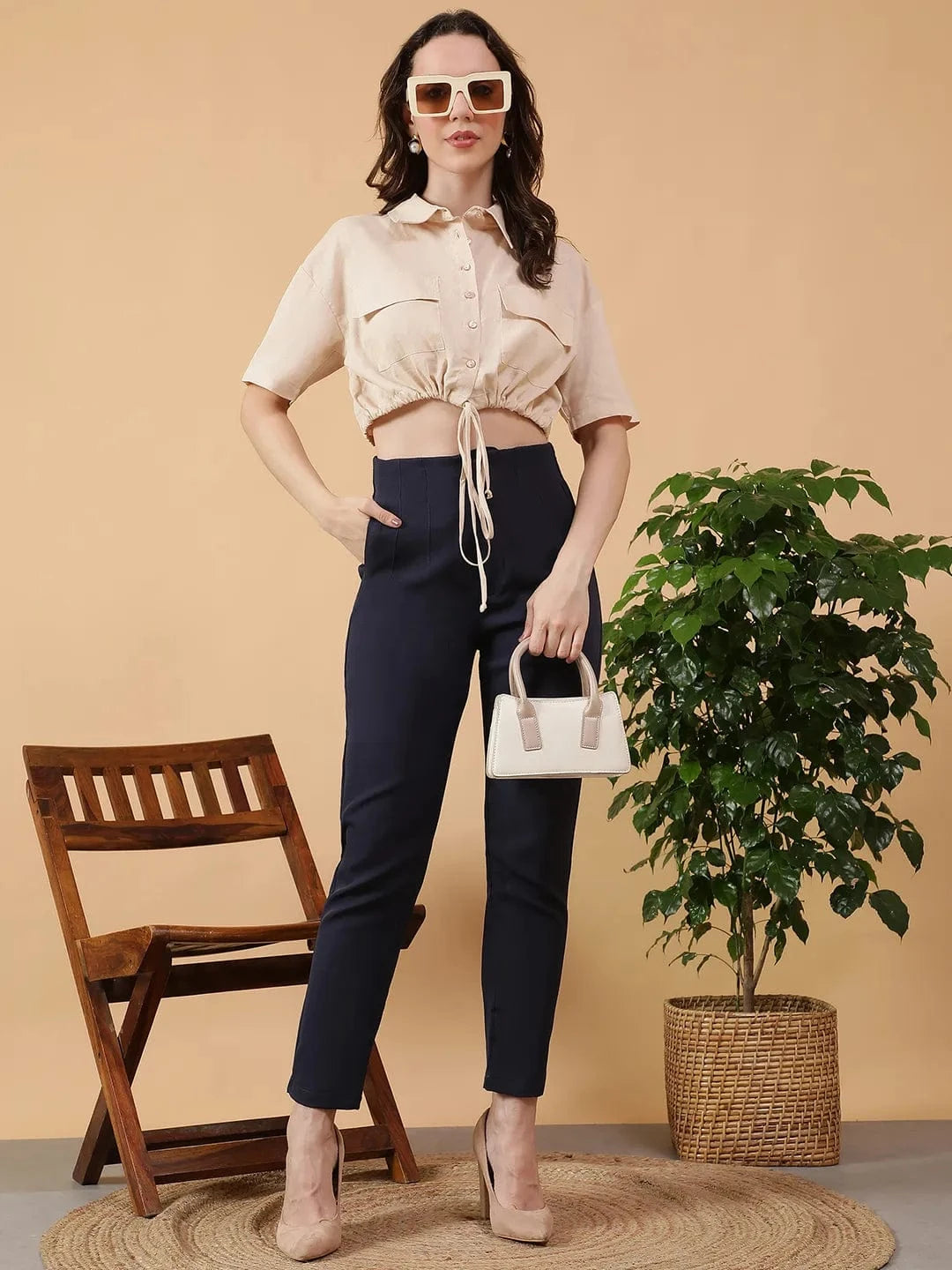 Beige Cotton Linen Crop Shirt