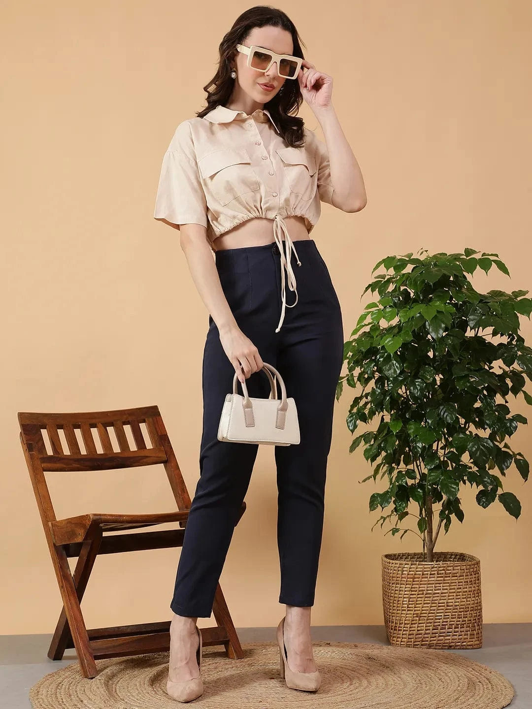 Beige Cotton Linen Crop Shirt