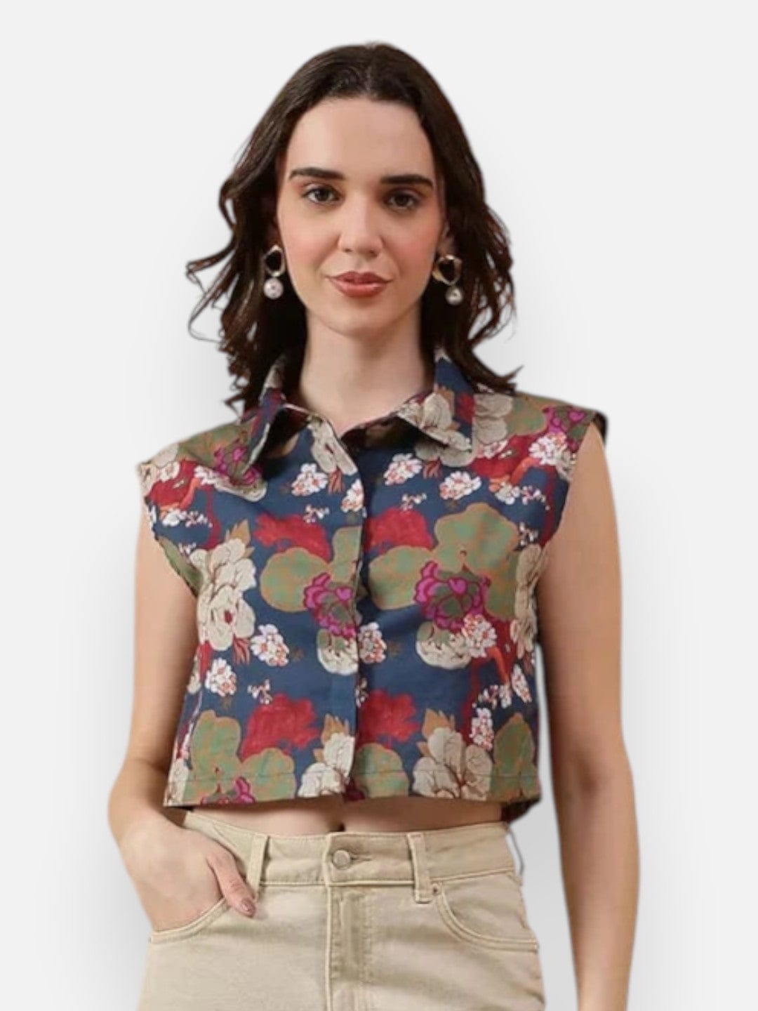 Multicolor Floral Print Cotton Crop Shirt