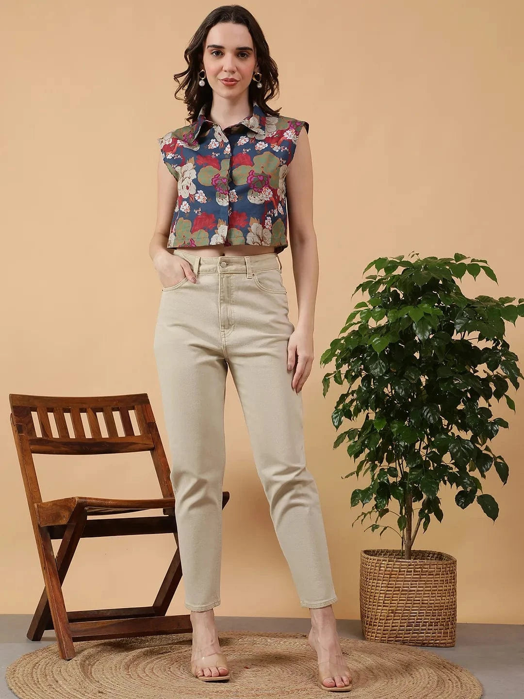 Multicolor Floral Print Cotton Crop Shirt