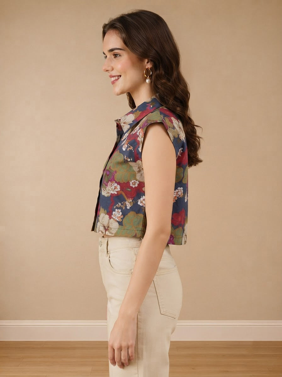 Multicolor Floral Print Cotton Crop Shirt