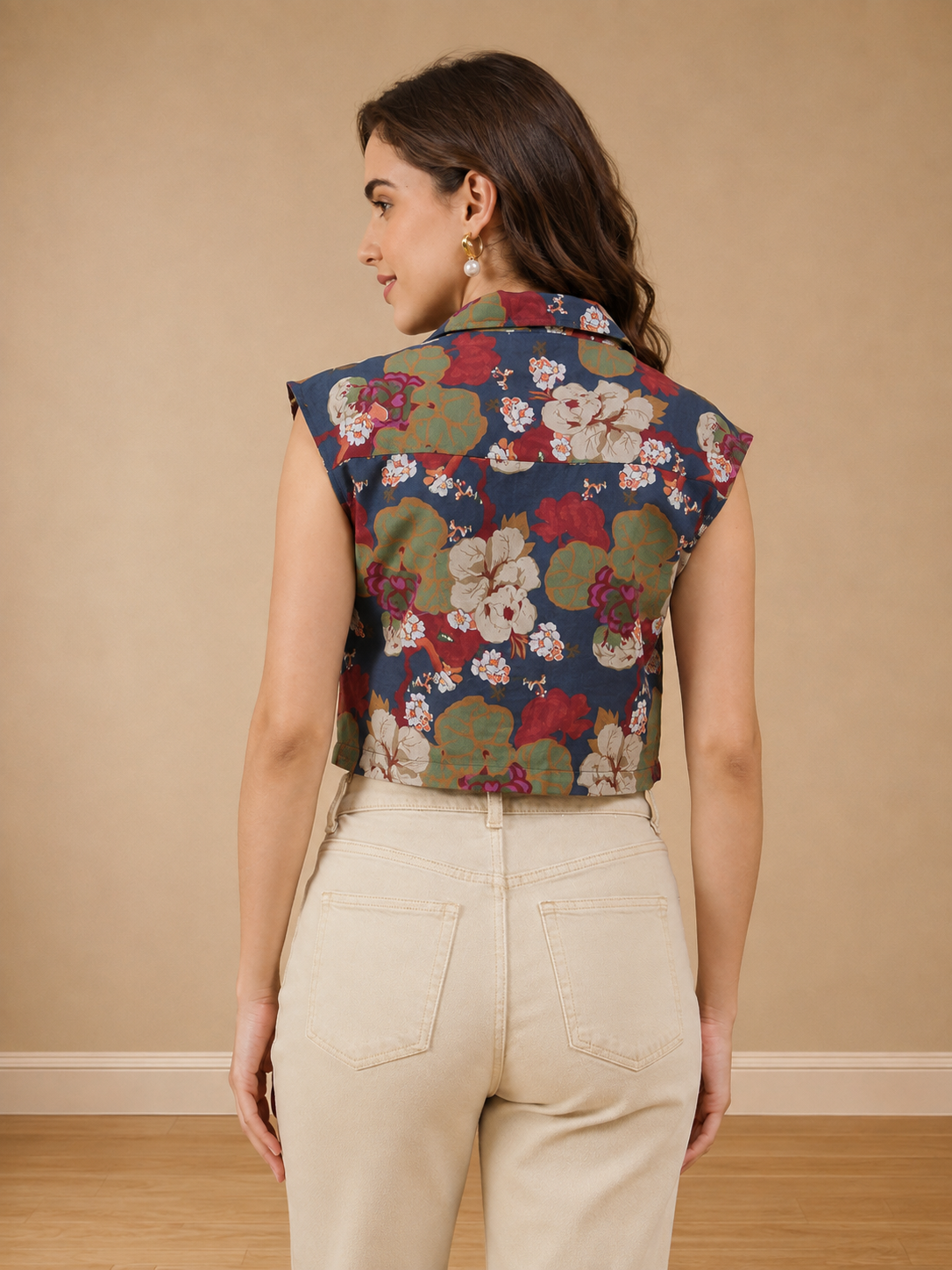 Multicolor Floral Print Cotton Crop Shirt