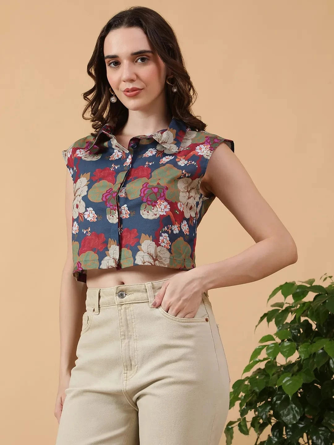 Multicolor Floral Print Cotton Crop Shirt