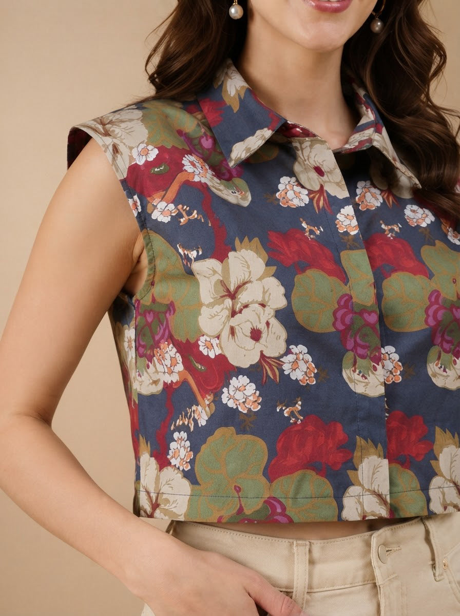 Multicolor Floral Print Cotton Crop Shirt
