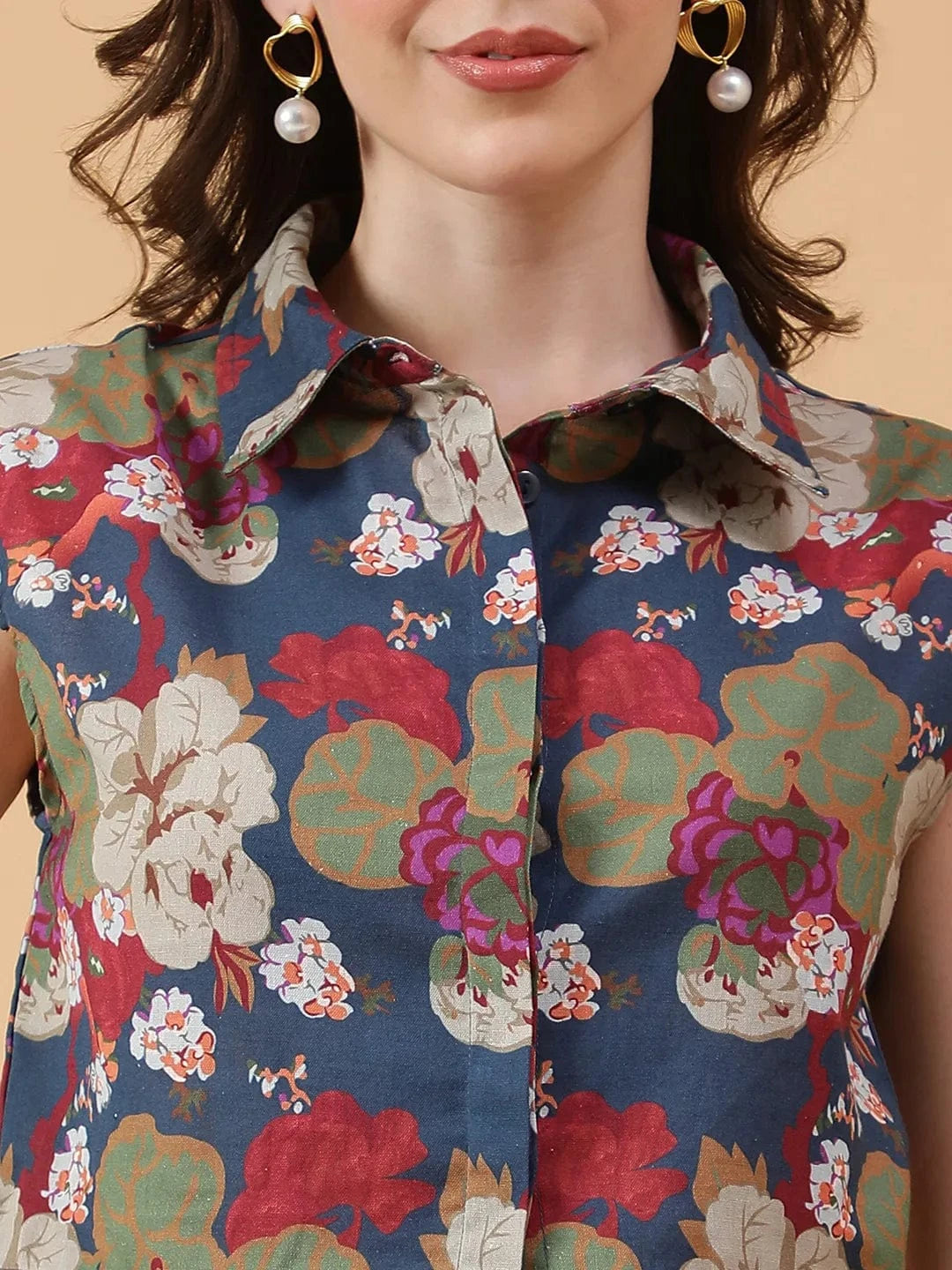 Multicolor Floral Print Cotton Crop Shirt