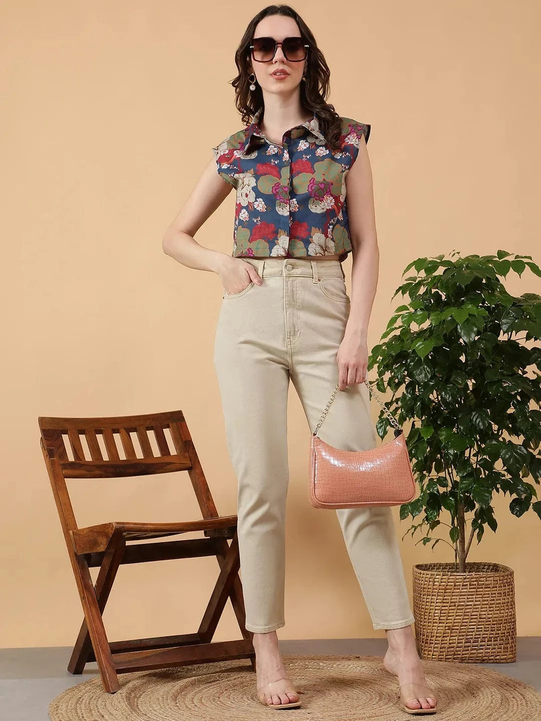 Multicolor Floral Print Cotton Crop Shirt