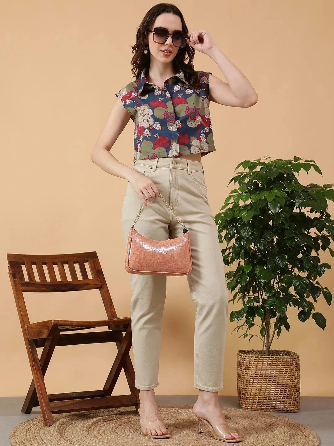 Multicolor Floral Print Cotton Crop Shirt