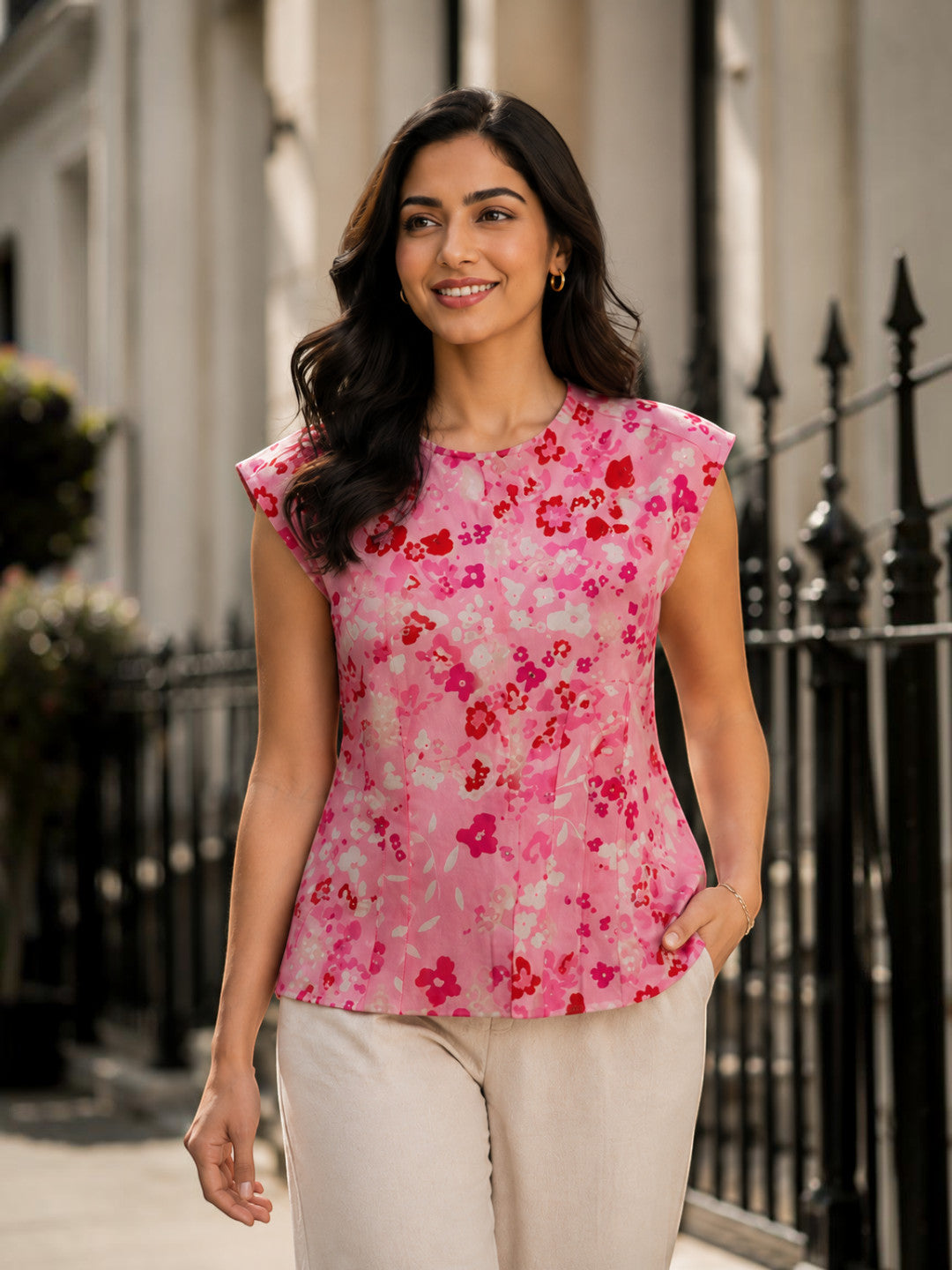 Women Pink Floral Peplum Top