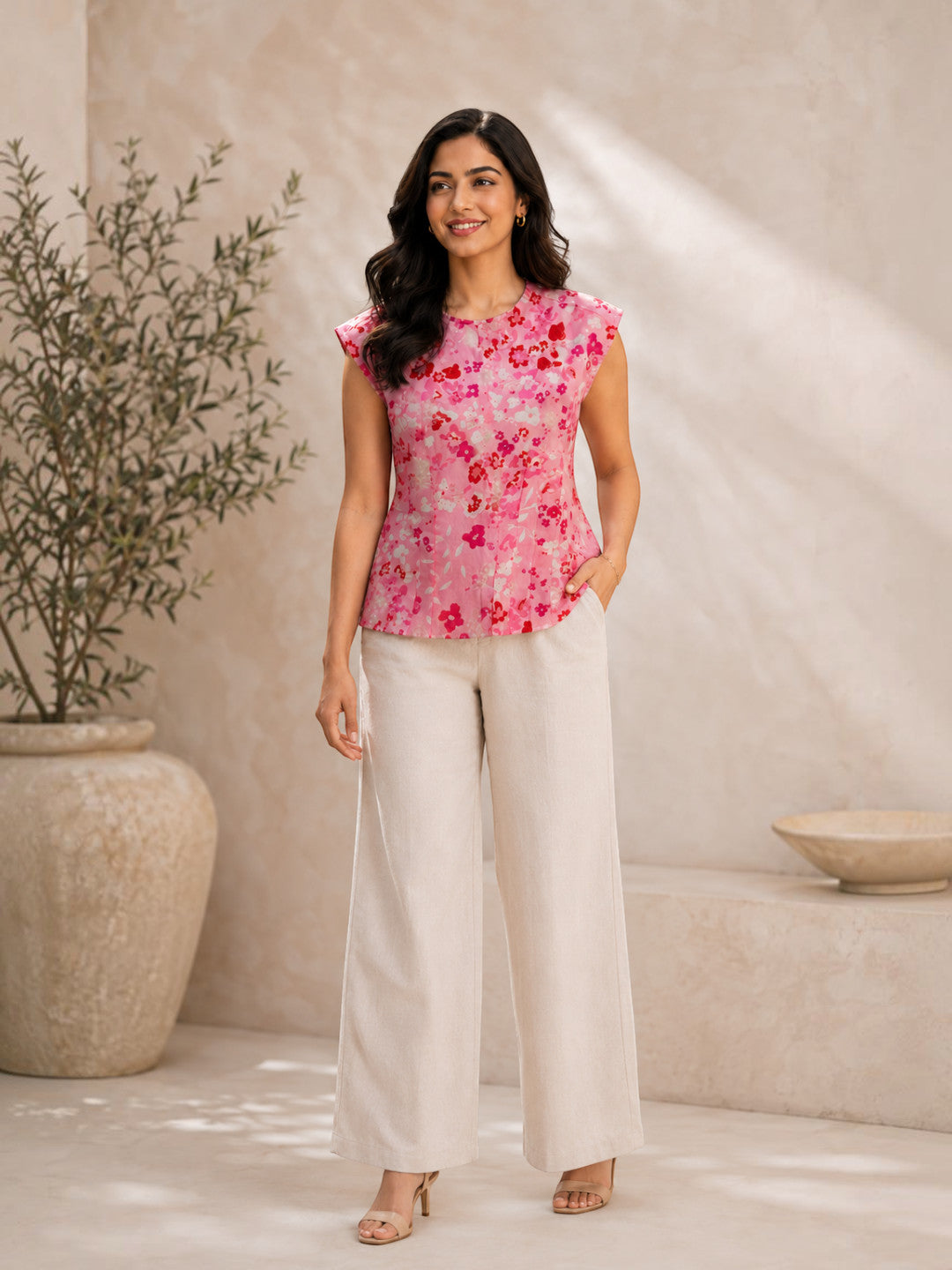 Women Pink Floral Peplum Top