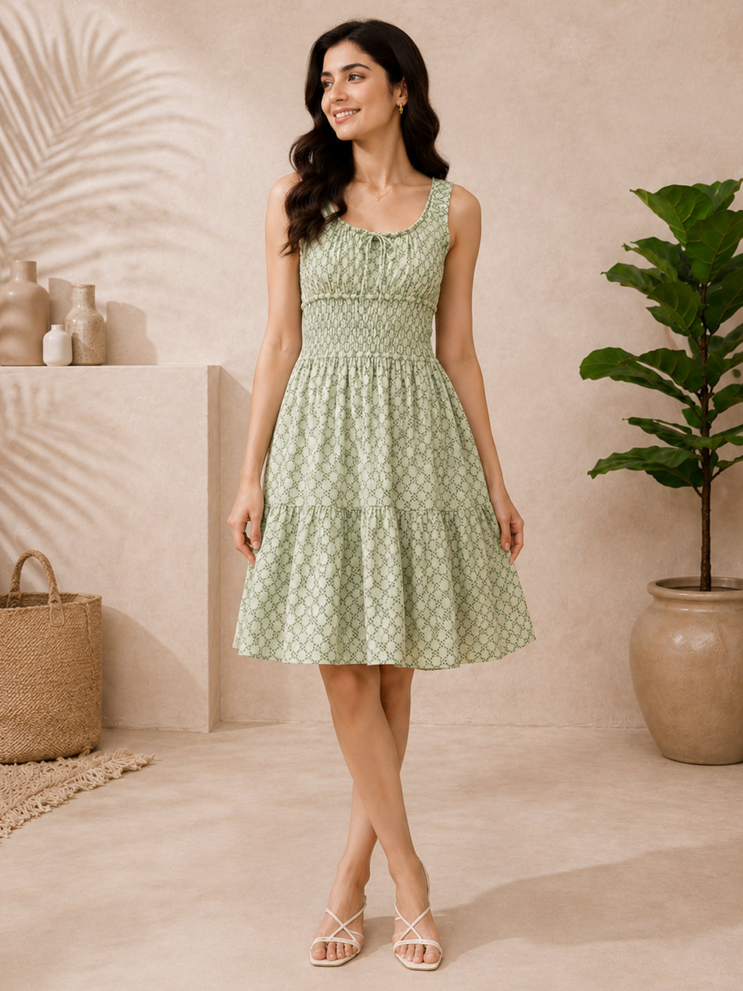 Green Check Print Mini Dress