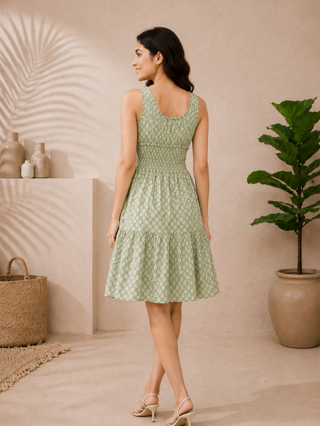 Green Check Print Mini Dress