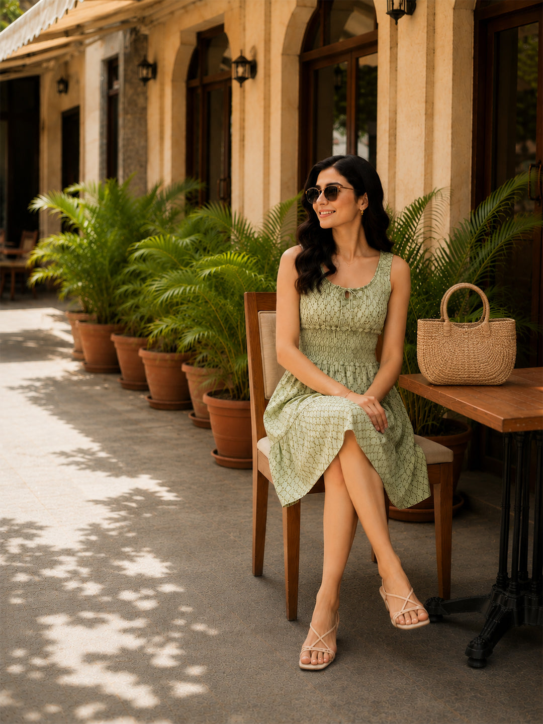 Green Check Print Mini Dress