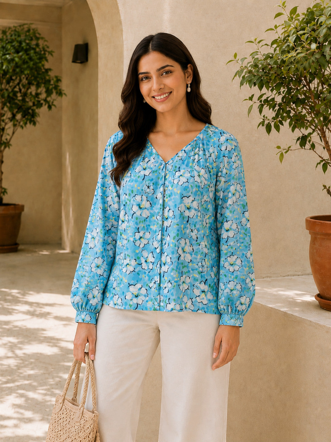 Women Blue Floral Print Top