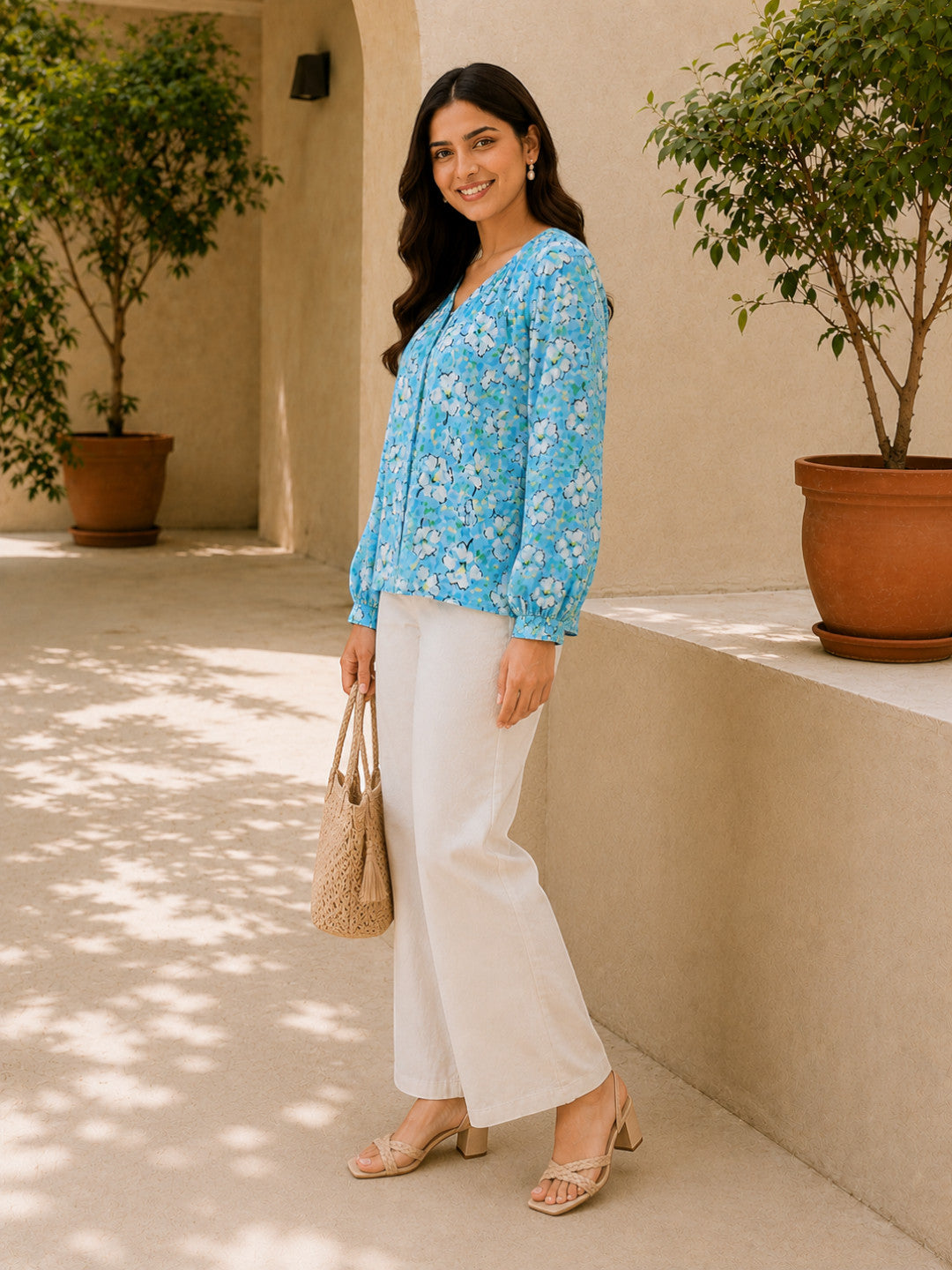 Women Blue Floral Print Top