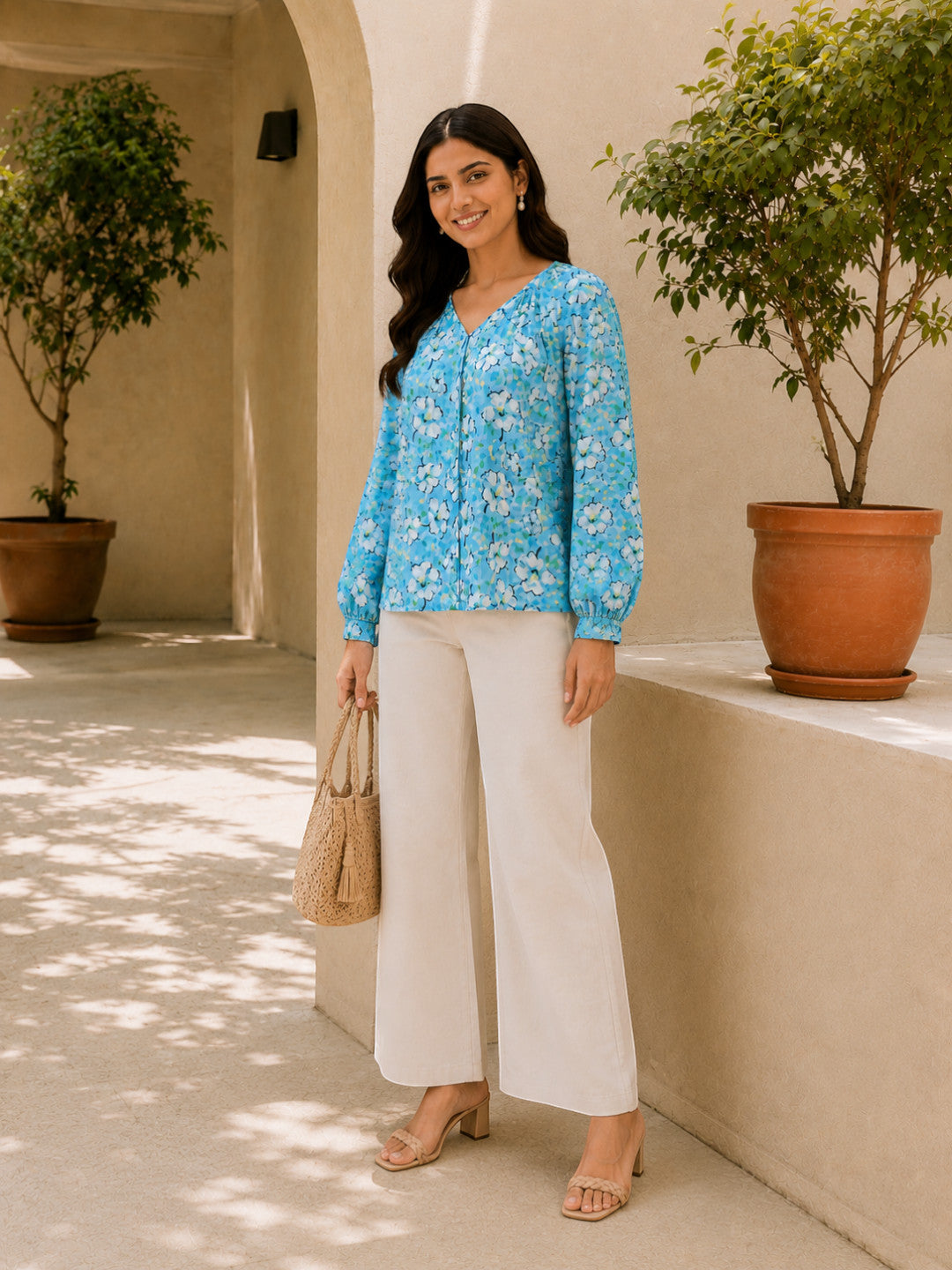 Women Blue Floral Print Top
