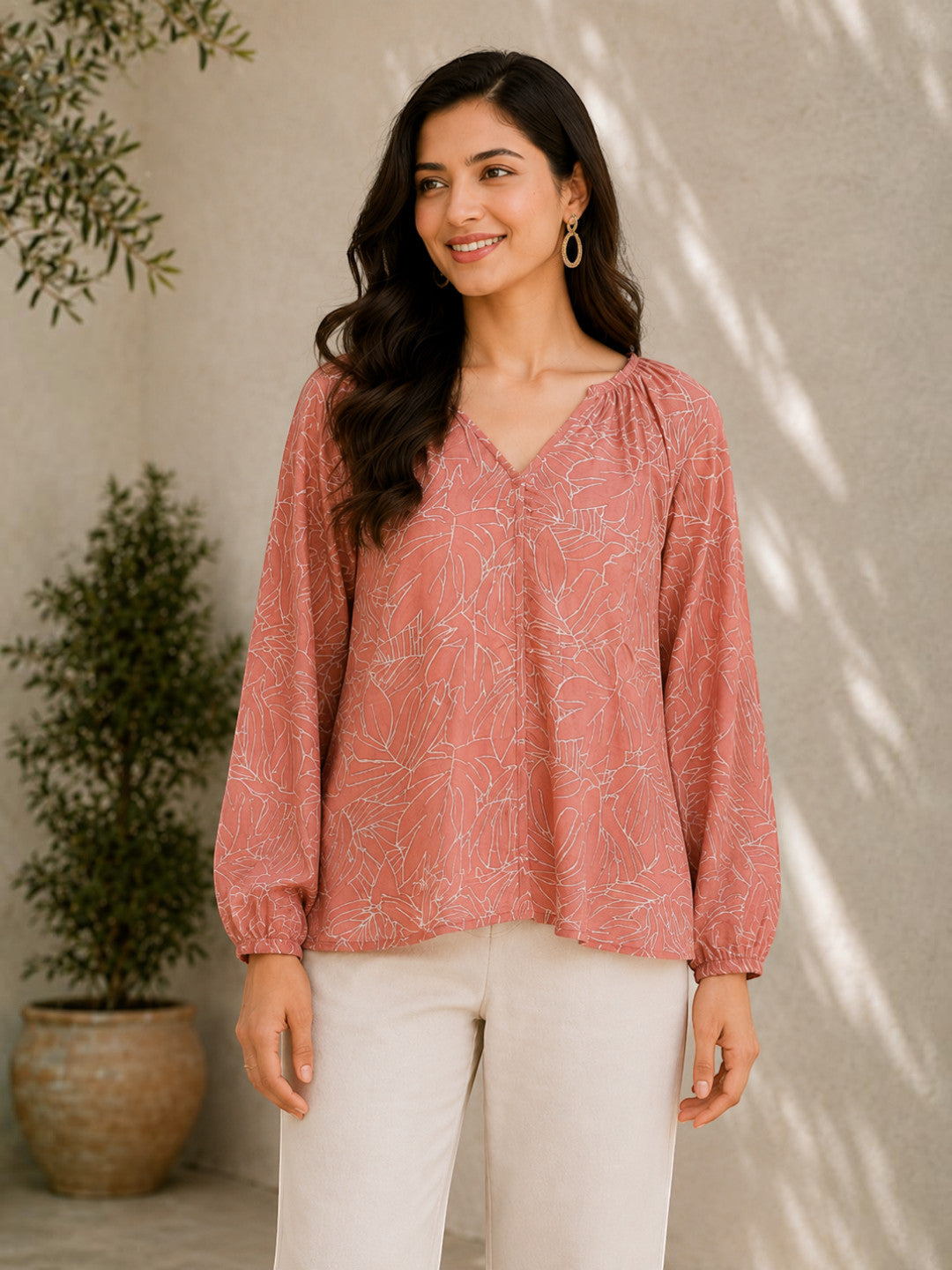 Women Peach Floral Print Top