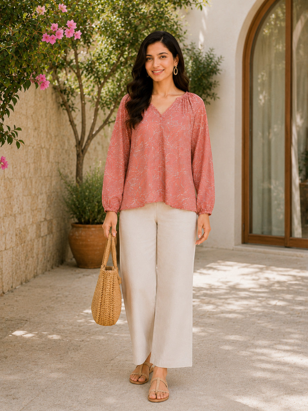 Women Peach Floral Print Top