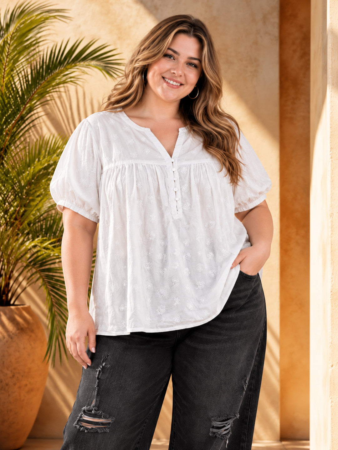 Women plus size white solid V-neck gathered cotton Schiffli dobby top - front view
