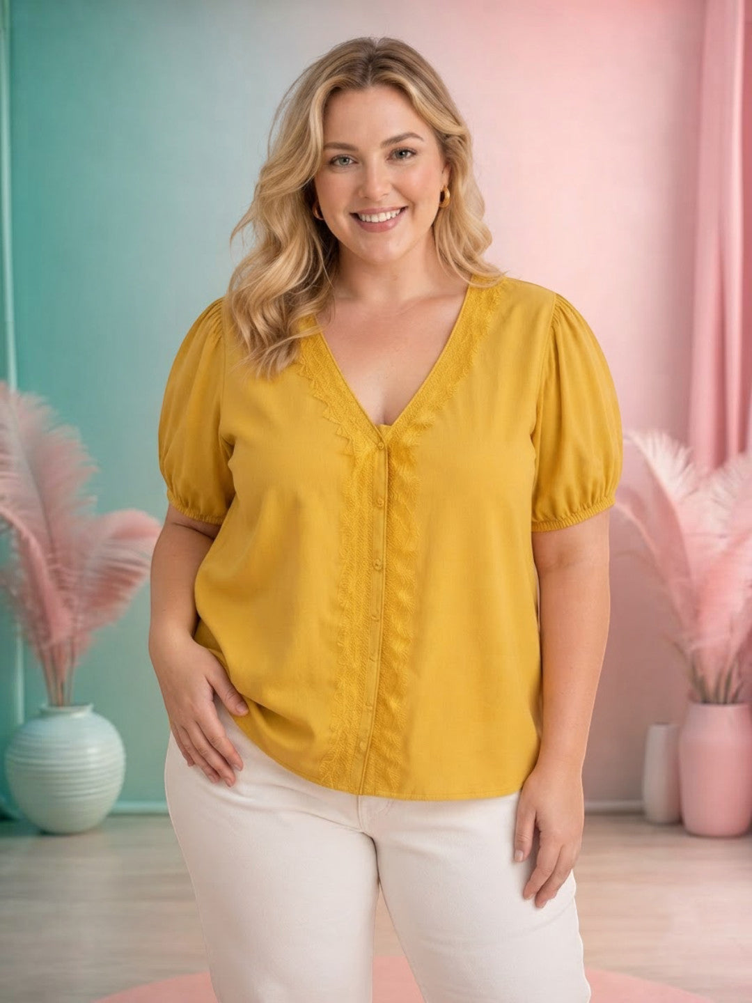 Women Plus Size Yellow Top Oxolloxo