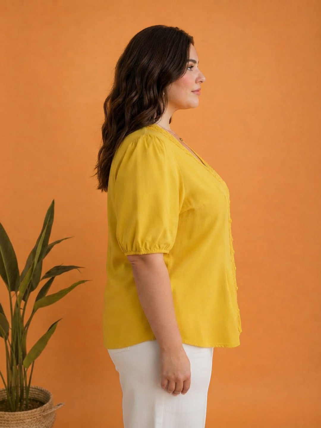 Women Plus Size Yellow Top Oxolloxo
