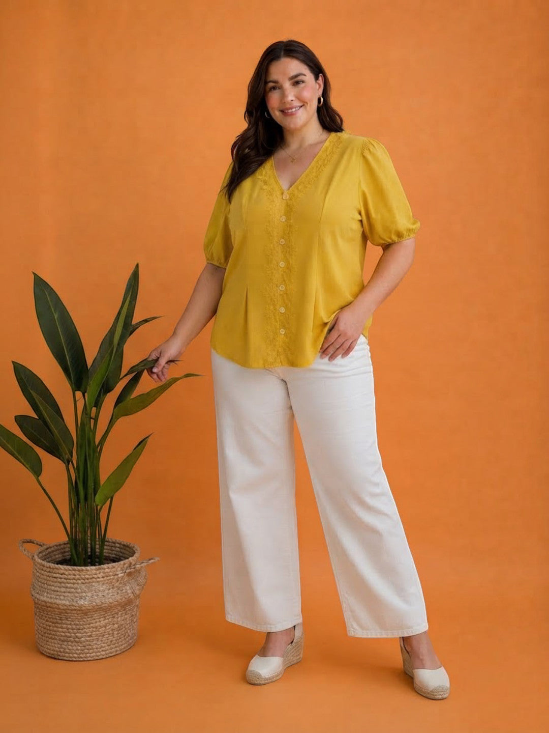 Women Plus Size Yellow Top Oxolloxo
