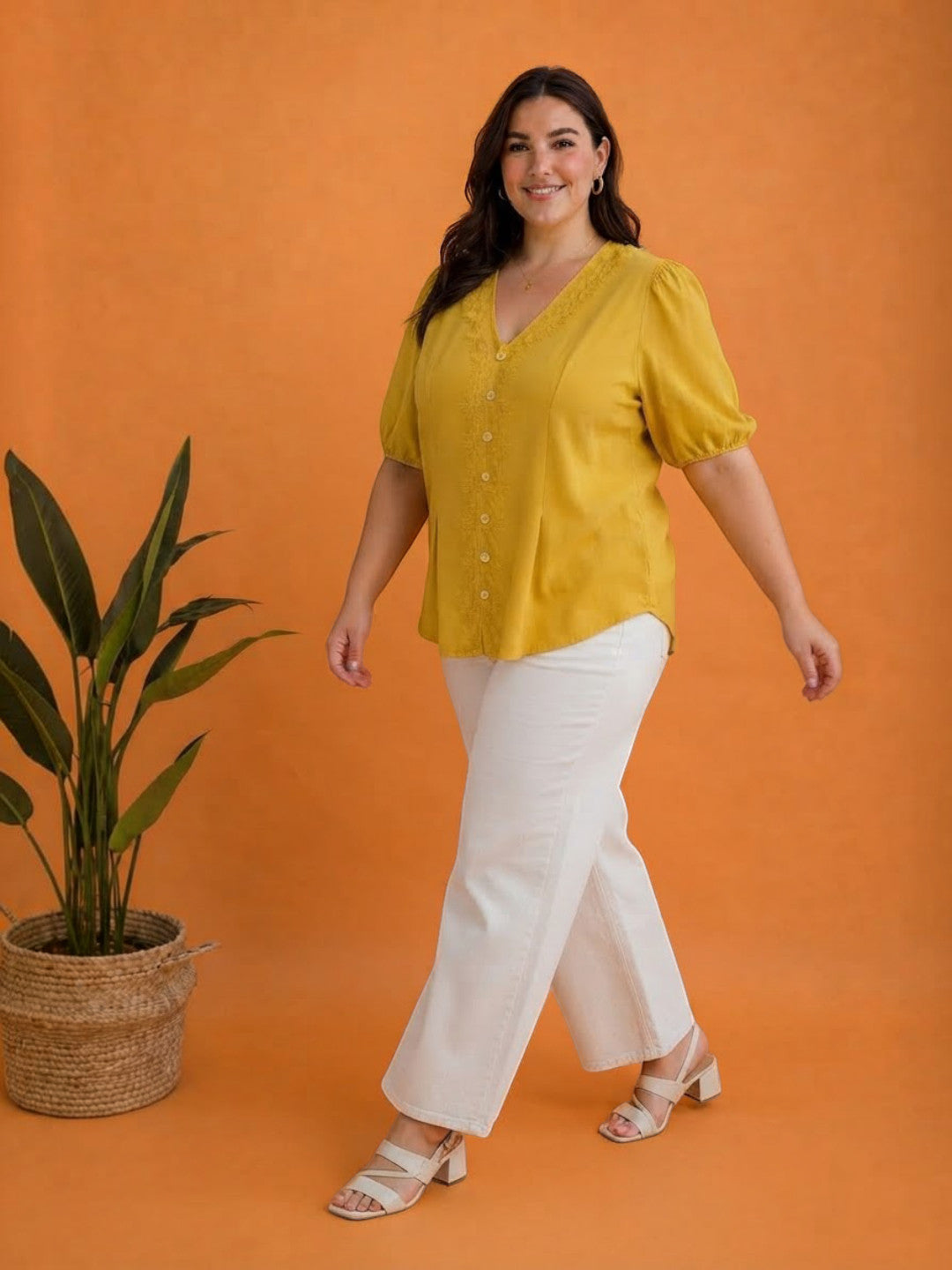 Women Plus Size Yellow Top Oxolloxo