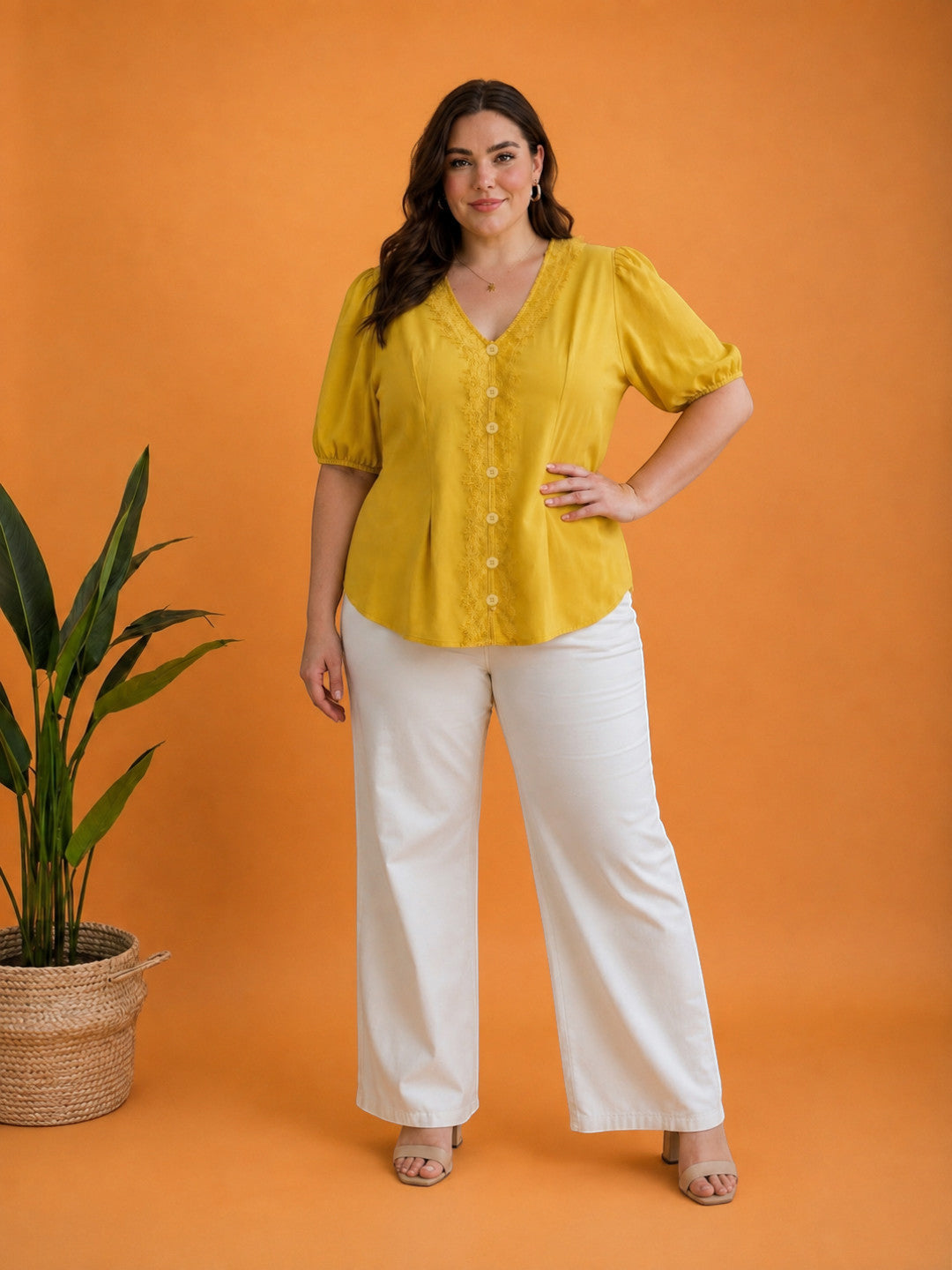 Women Plus Size Yellow Top Oxolloxo