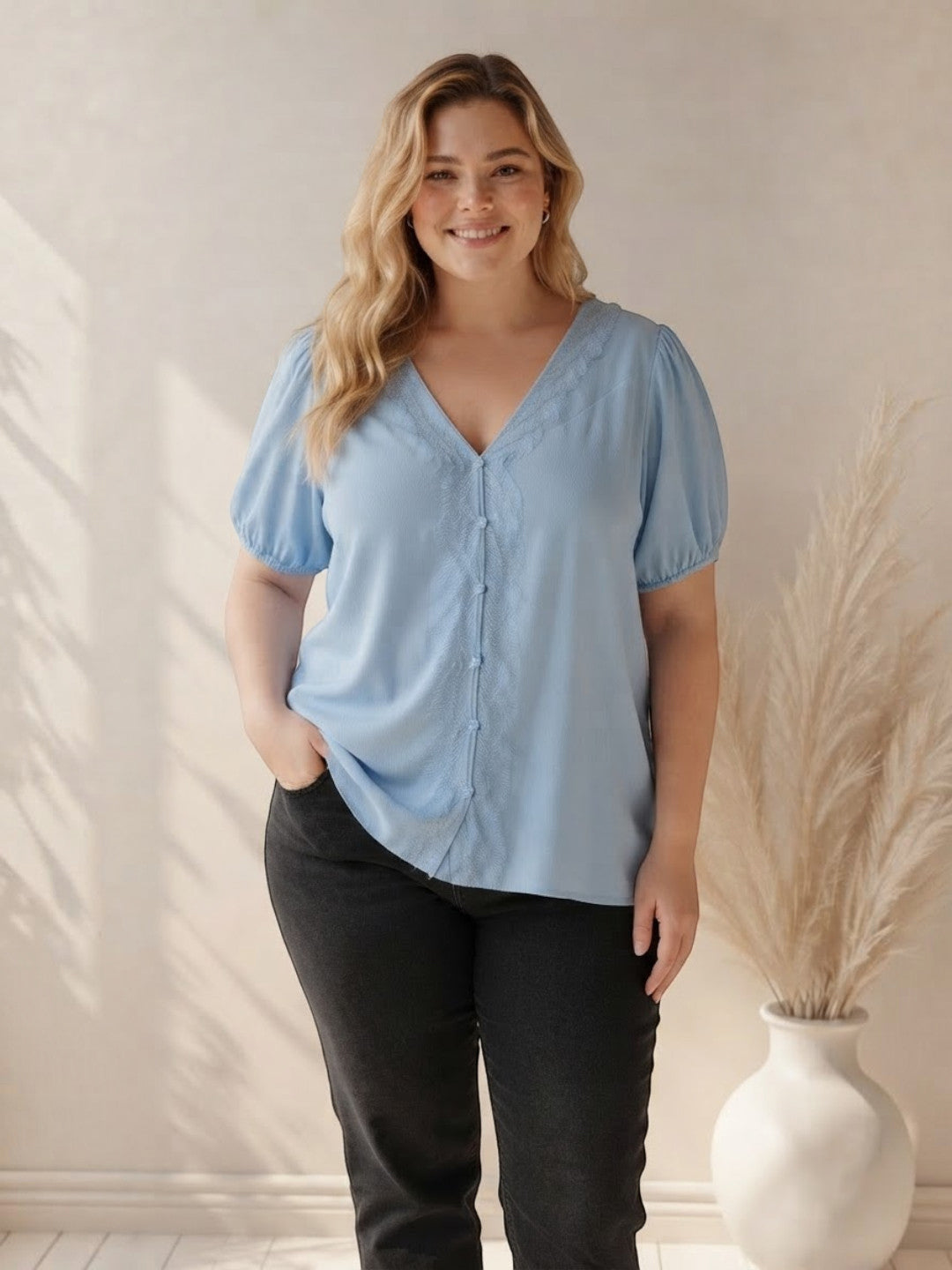 Women Plus Size Blue Top Oxolloxo