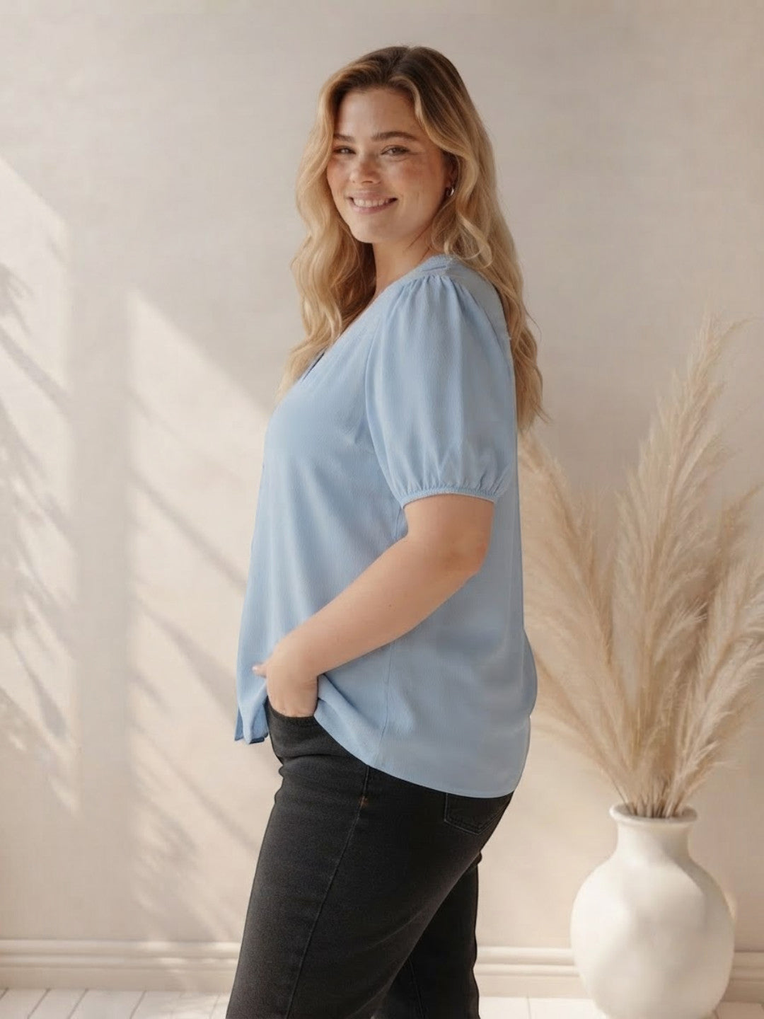 Women Plus Size Blue Top Oxolloxo