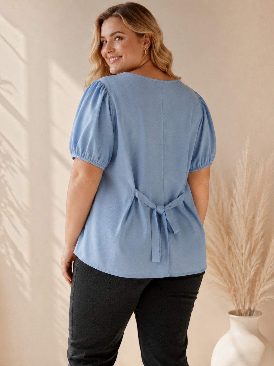 Women Plus Size Blue Top Oxolloxo
