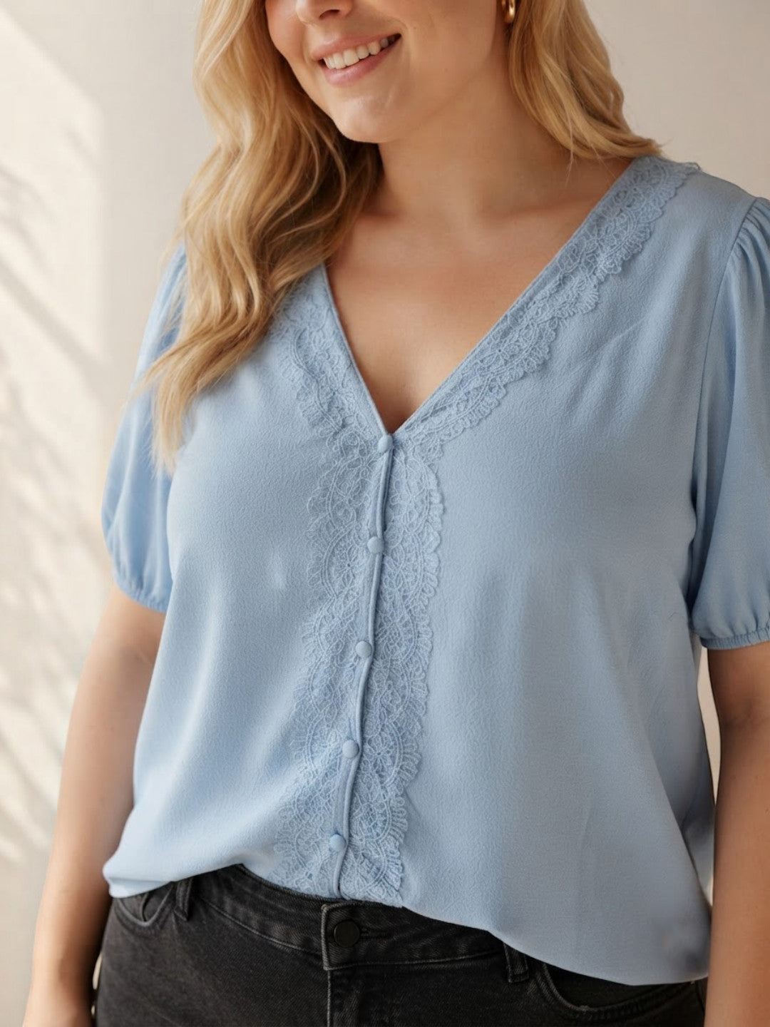 Women Plus Size Blue Top Oxolloxo