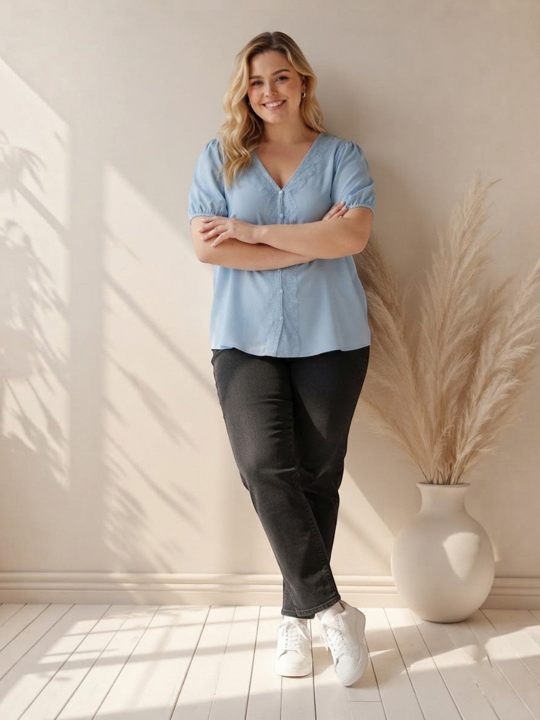 Women Plus Size Blue Top Oxolloxo