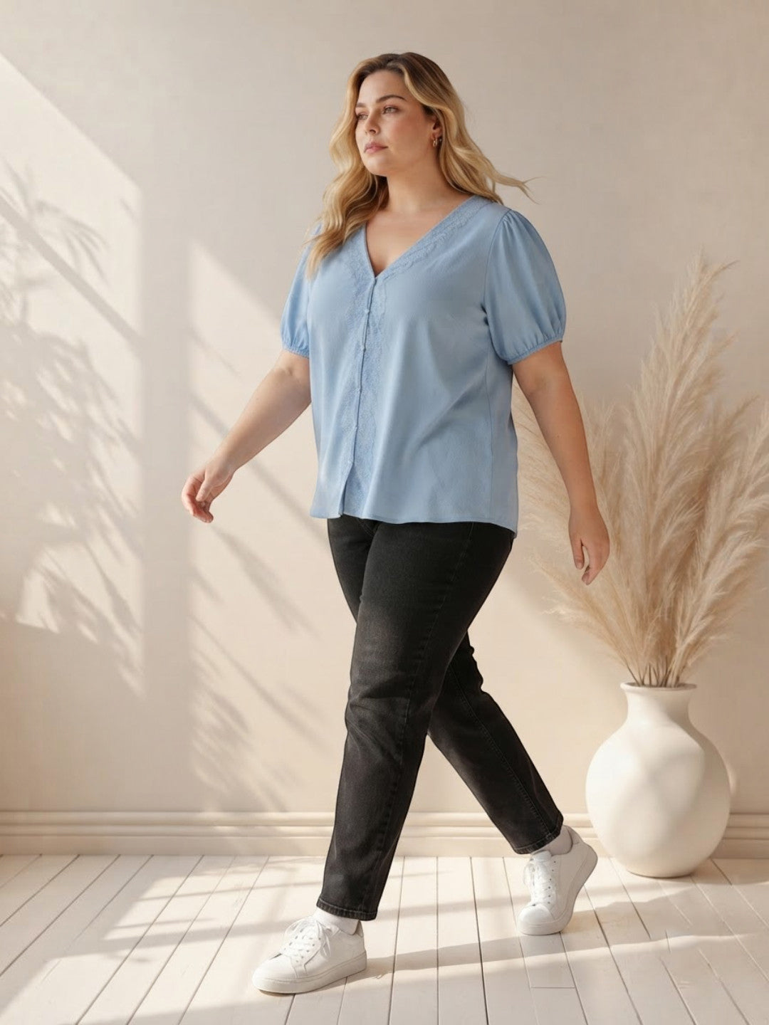 Women Plus Size Blue Top Oxolloxo
