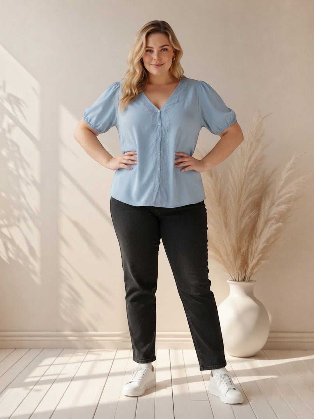 Women Plus Size Blue Top Oxolloxo