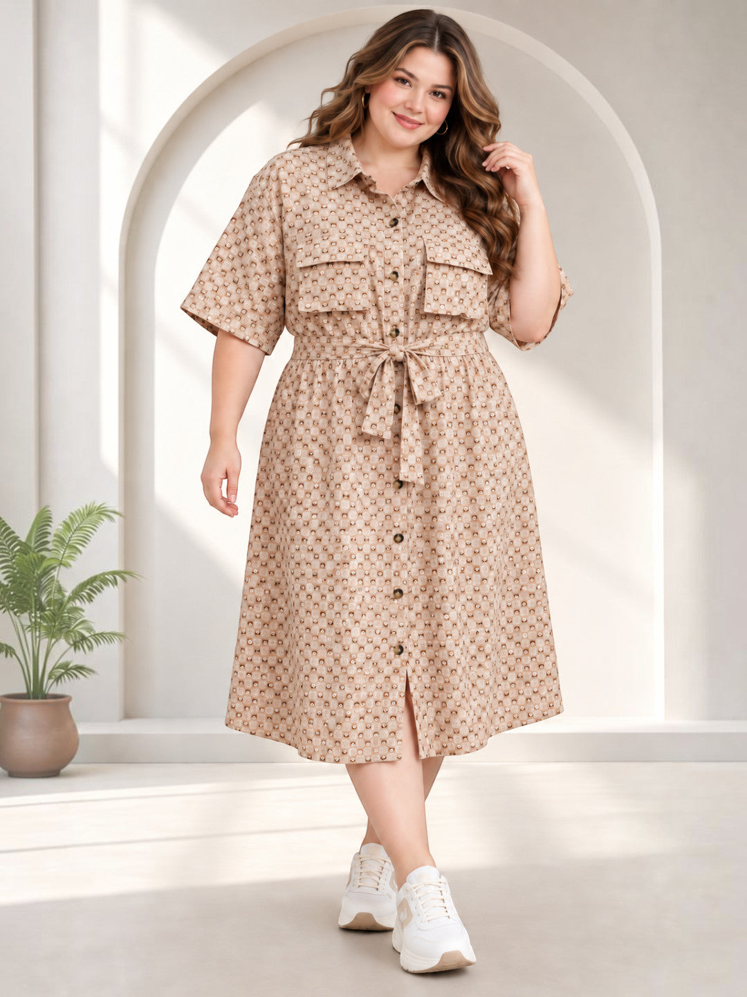 Women plus size multicolor geometric print collared midi shirt dress - front view
