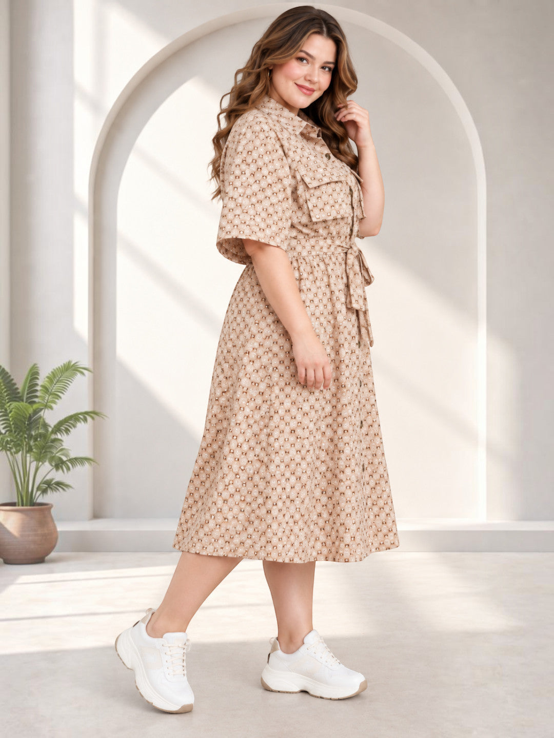 Plus size geometric print shirt dress with waist tie belt